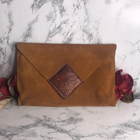 Vintage David Mehler DAME Cognac Suede and Snakeskin Large Envelope Clutch